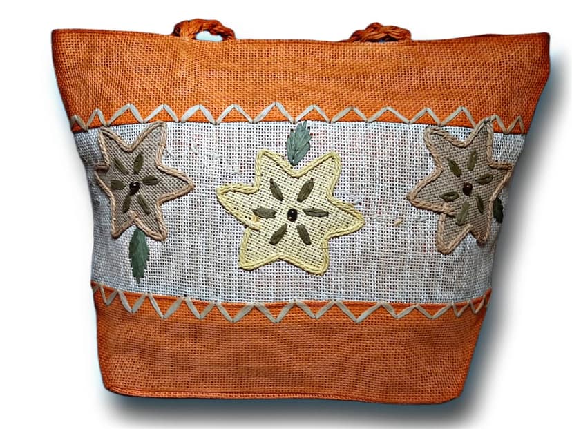 SS Eco-Life Light Weight Jute Tote Handbag for Women. Multicolour star flower Hand stitched and added decorative beads design. view 2