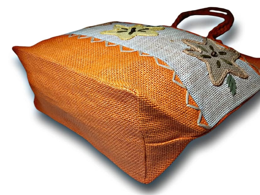 SS Eco-Life Light Weight Jute Tote Handbag for Women. Multicolour star flower Hand stitched and added decorative beads design. view 3