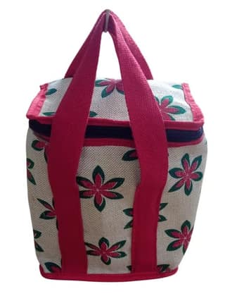 Floral Pattern Jute Tote Bag with Red Straps - Multipurpose Lunch bag