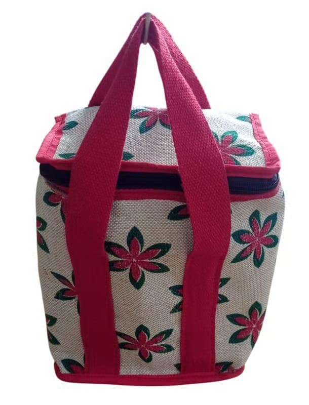 Floral Pattern Jute Tote Bag with Red Straps - Multipurpose Lunch bag