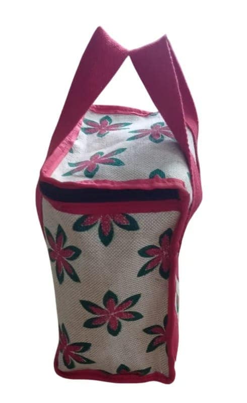 Floral Pattern Jute Tote Bag with Red Straps - Multipurpose Lunch bag view 2
