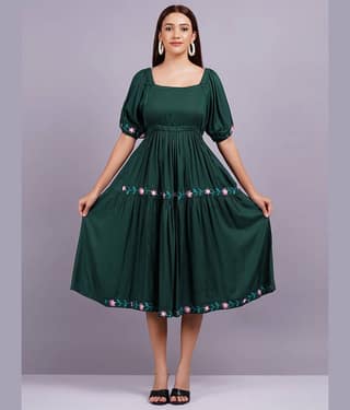 HIGHLIGHT FASHION EXPORT Women Rayon Solid Fit & Flare Dress ( Green )
