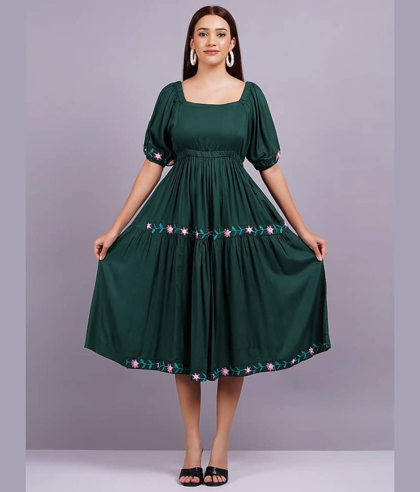 HIGHLIGHT FASHION EXPORT Women Rayon Solid Fit & Flare Dress ( Green )