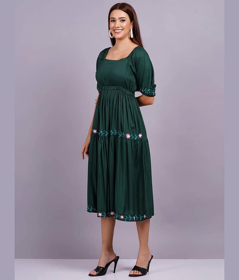 HIGHLIGHT FASHION EXPORT Women Rayon Solid Fit & Flare Dress ( Green ) view 2