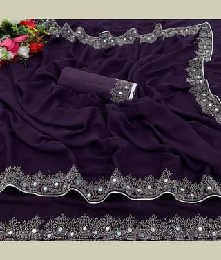VEERAIVA Georgette Embroidered Saree With Unstitched Blouse Piece ( Purple )