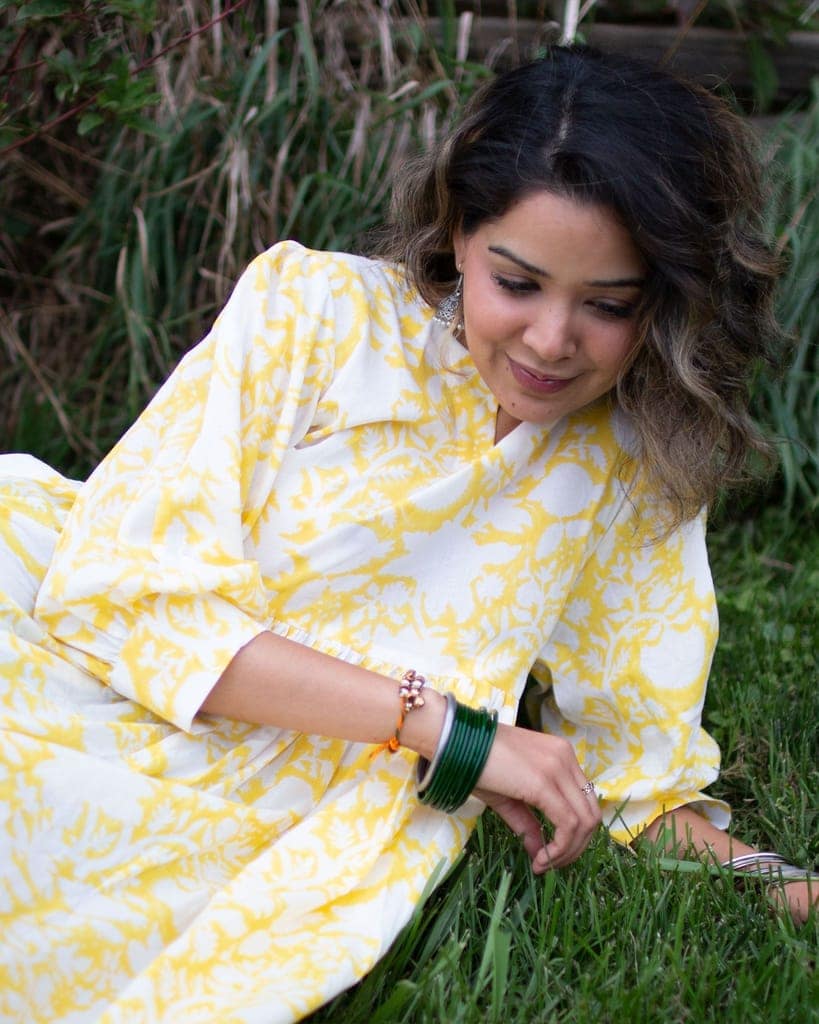 Sunshine Yellow Organic Cotton Casual dress by Aagaaz Jaipur view 3