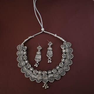 Elegant Stylish Oxidized Silver Tone Necklace and Earrings Set Brass Alloy Necklace with Earrings for Women (Set of