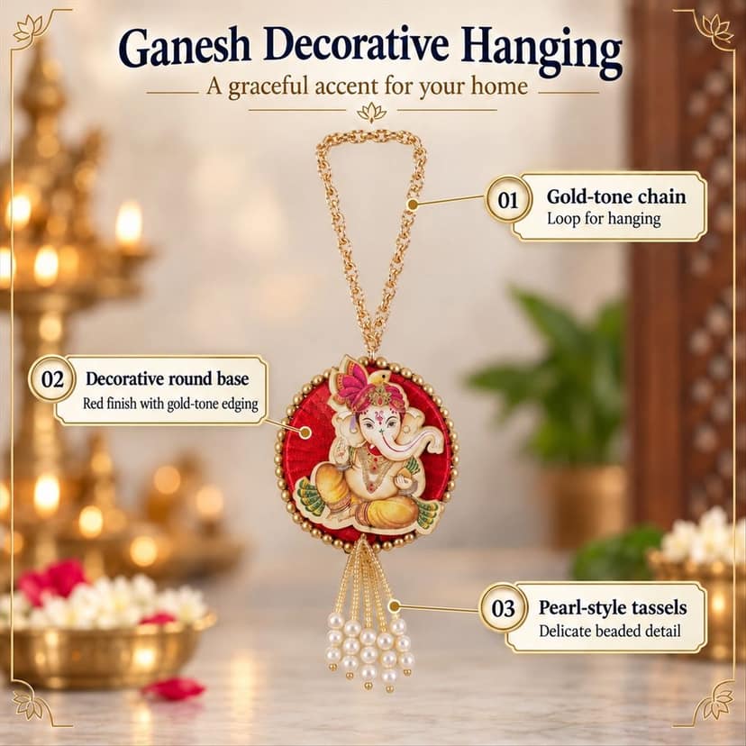 Ganesh Car Hanging Ornament with Decorative Chain and Bead Tassels for Home Decor (1 Pc) view 2