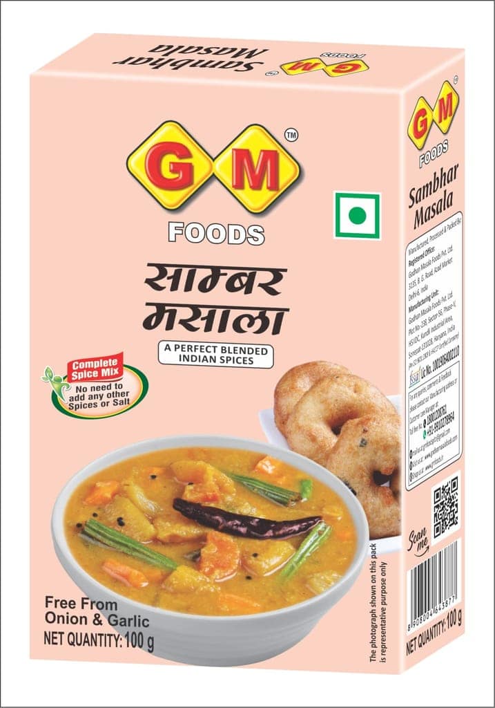 GM Foods Sambhar Masala Powder Mix 100 grams (PACK OF -1 )| Authentic South Indian Spice Blend for Sambar, Curry & Lentil Soup Seasoning | Pure & Natural | Traditional Taste for Homemade Cooking | No Preservatives view 2