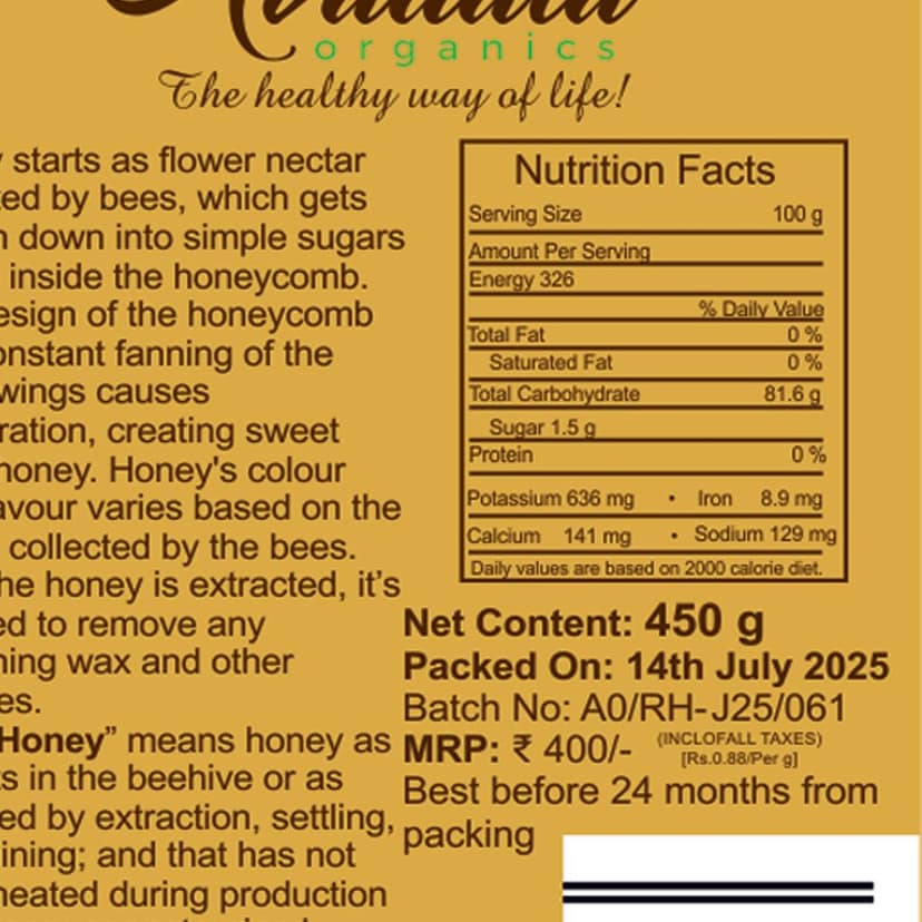 Avadata Organics Raw Honey 450 GM view 4