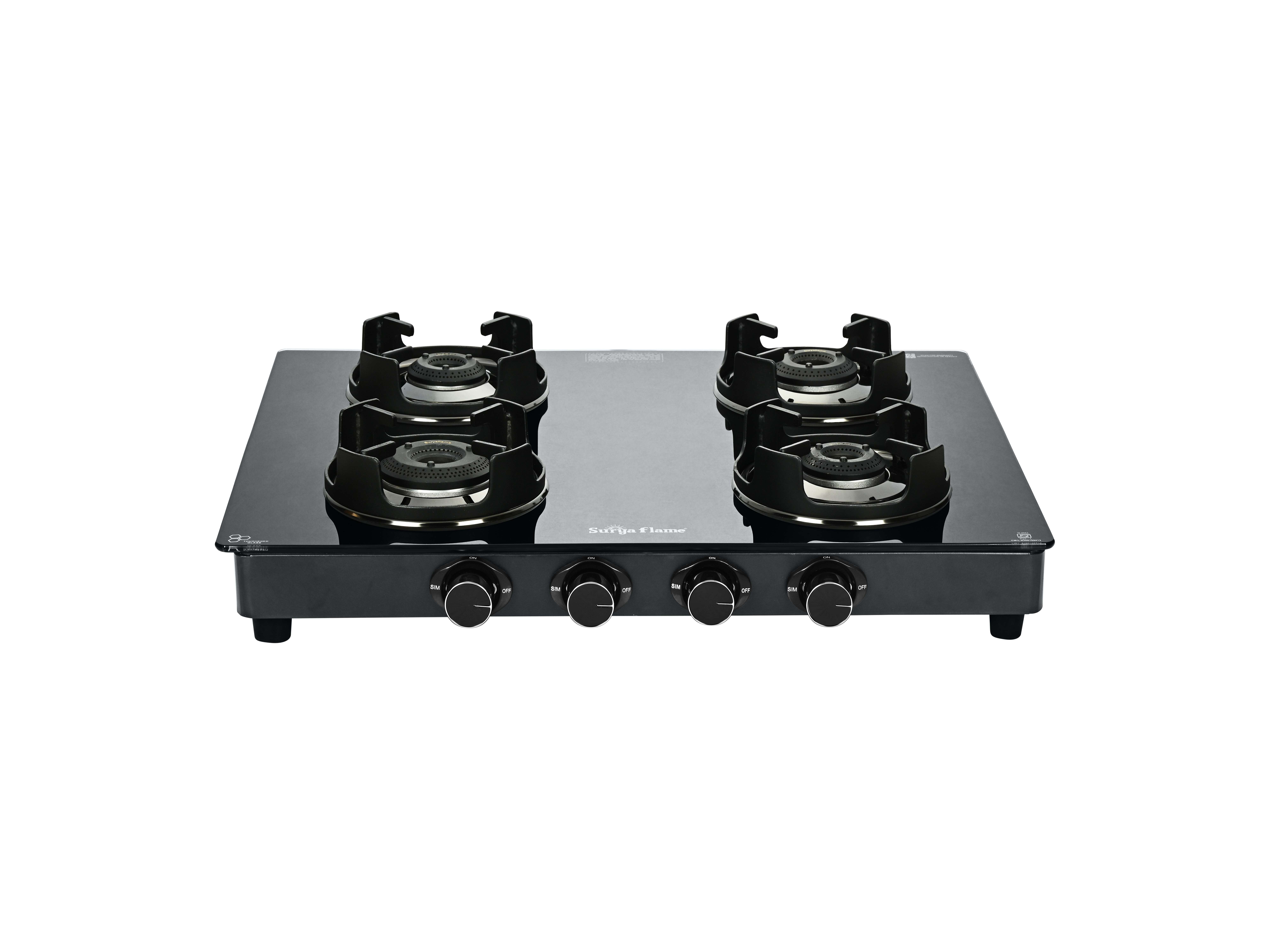Surya Flame Green 4 Burner Gas Stove, BEE 4-Star Certified, 74% Thermal Efficiency, 1 Jumbo + 3 Tri-Pin Brass Burners, Manual Ignition - Black
