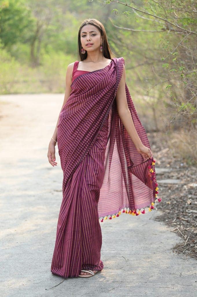 "Designer Pure Cotton Sarees with All over Linear Stripes " view 3