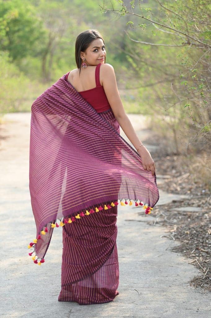 "Designer Pure Cotton Sarees with All over Linear Stripes " view 4