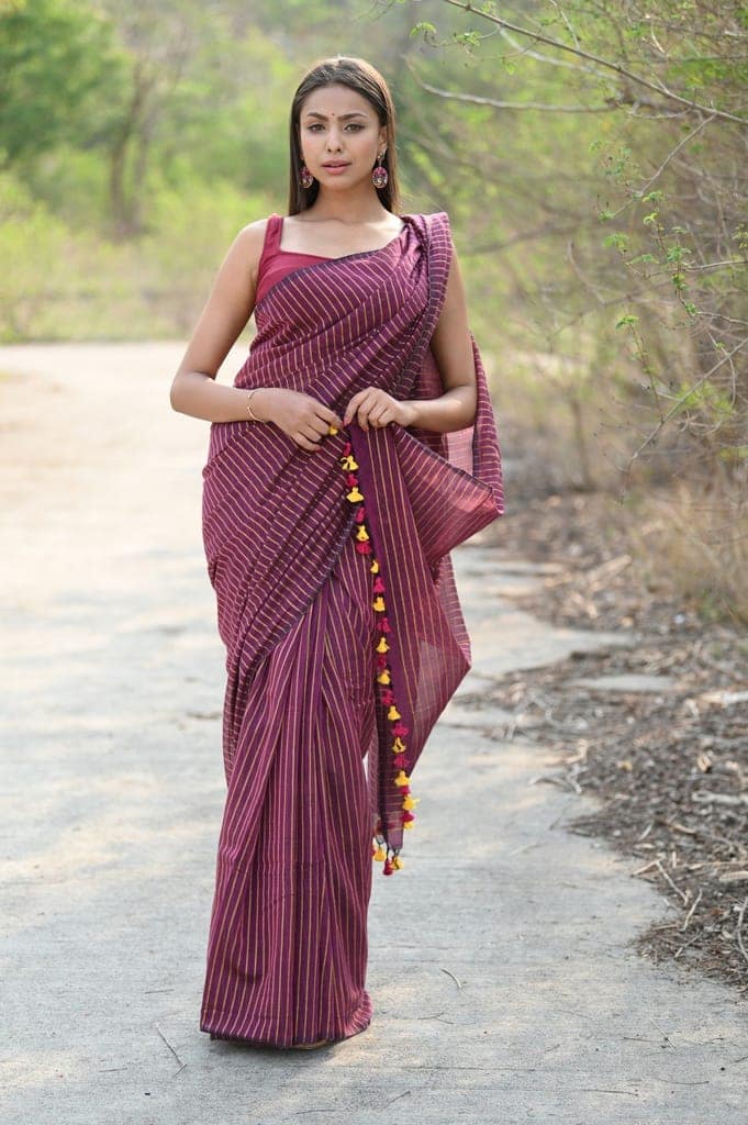 "Designer Pure Cotton Sarees with All over Linear Stripes " view 5