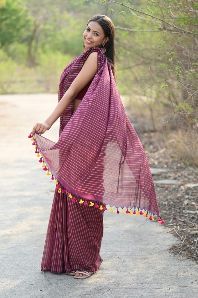 "Designer Pure Cotton Sarees with All over Linear Stripes " view 6
