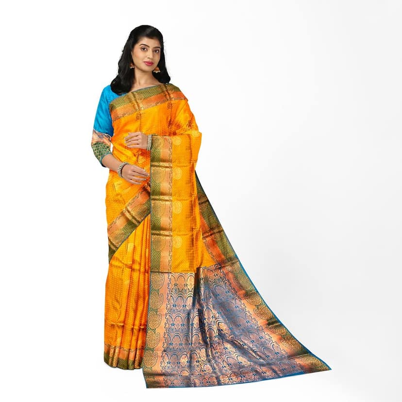 Yellow and Blue semi Silk Saree With Blouse Piece view 3