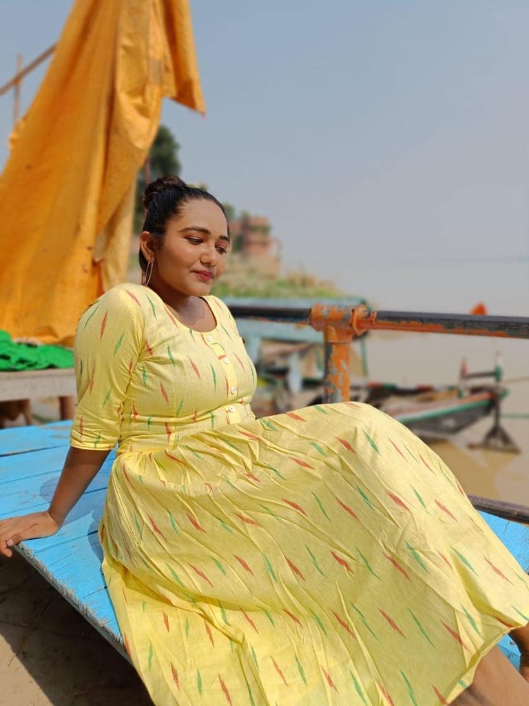 Pure Cotton Ikkat Dress Shalimar Yellow Colour (Size XXS(32) to Plus Size(56))-1395 view 4