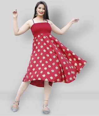 ZAMAISHA Women Rayon Printed Fit & Flare Dress ( Maroon )