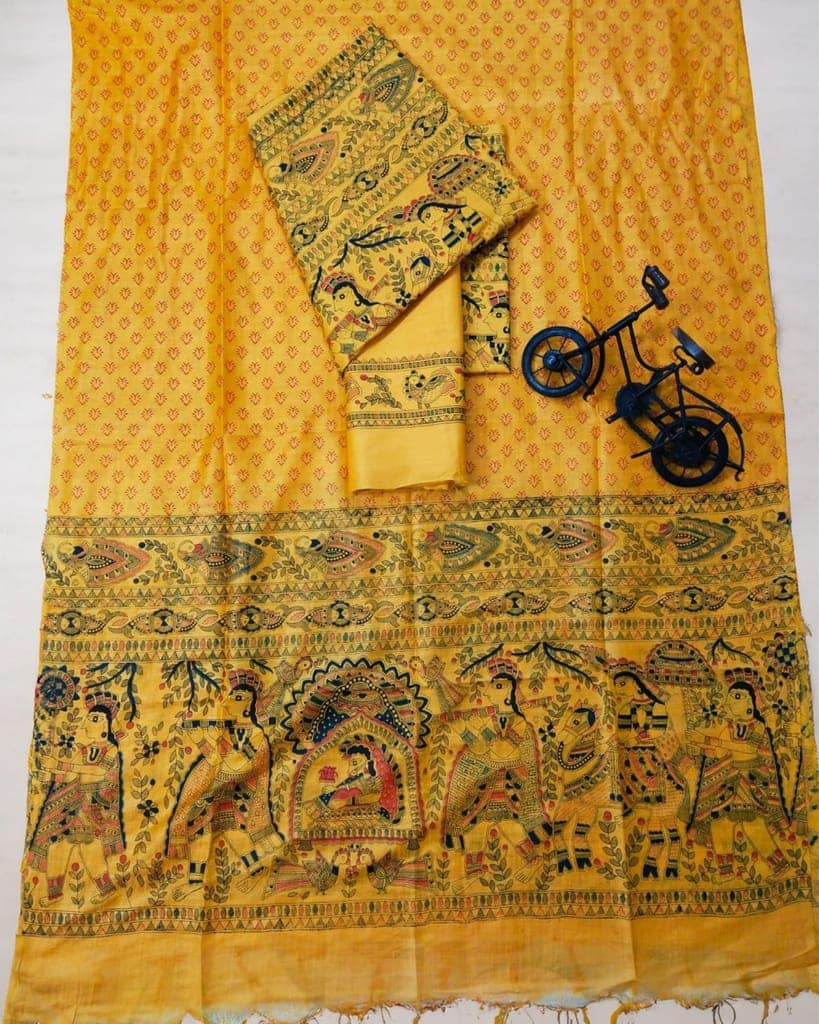 Katan Silk Suit Golden Yellow Color Madhubani Print-5684 view 2