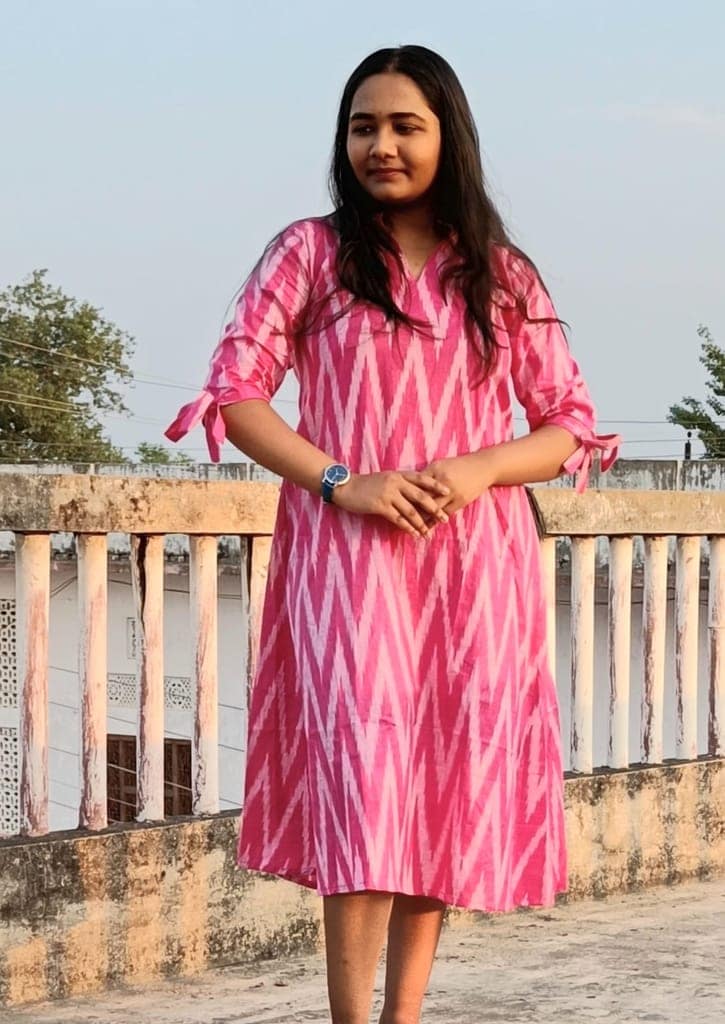 Pure Cotton Ikkat Dress Cerise Pink Colour (Size XXS(32) to Plus Size(56))-8319 view 3
