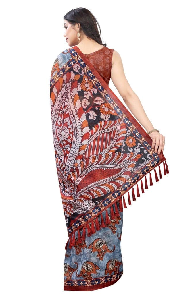 Silk Zone Women's Ajrakh Kalamkari Cotton Digital Printed Tassel Saree with Blouse Piece view 3