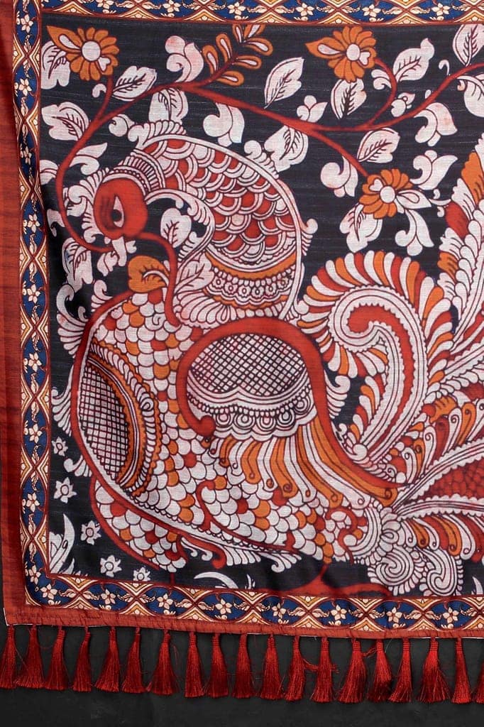 Silk Zone Women's Ajrakh Kalamkari Cotton Digital Printed Tassel Saree with Blouse Piece view 5