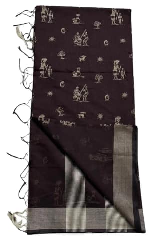 Saura Art Cotton Saree Charcoal Black Tribal Figures