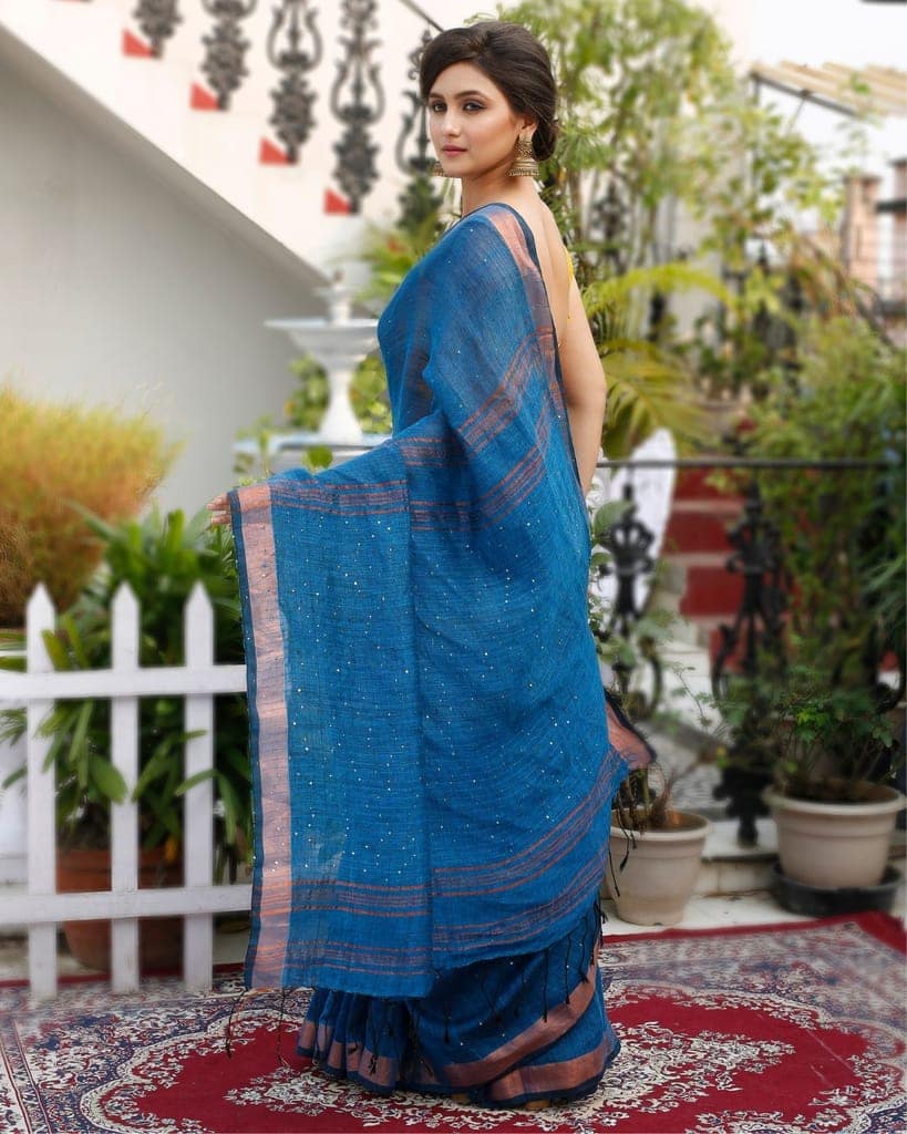 Pure Linen Saree Sequence Design Bahama Blue Color with Running Blouse-1266 view 4