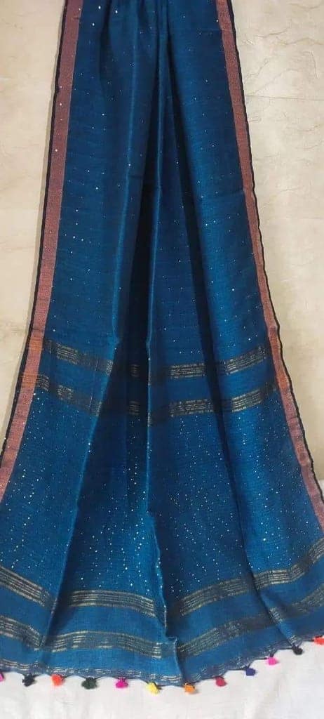 Pure Linen Saree Sequence Design Bahama Blue Color with Running Blouse-1266 view 5