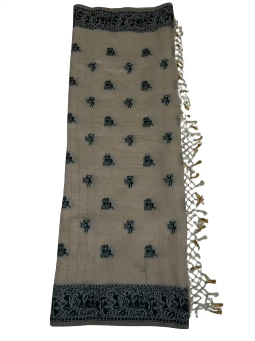 Saura Art Cotton Saree Cream Green Dancing Figure Buti