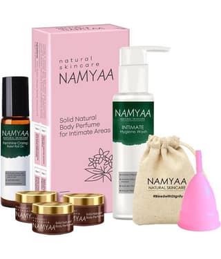 Namyaa Period Care Kit- Feminine Cramp Roll on, Intimate wash, Solid Body Perfumes, Menstrual (Medium) Cup