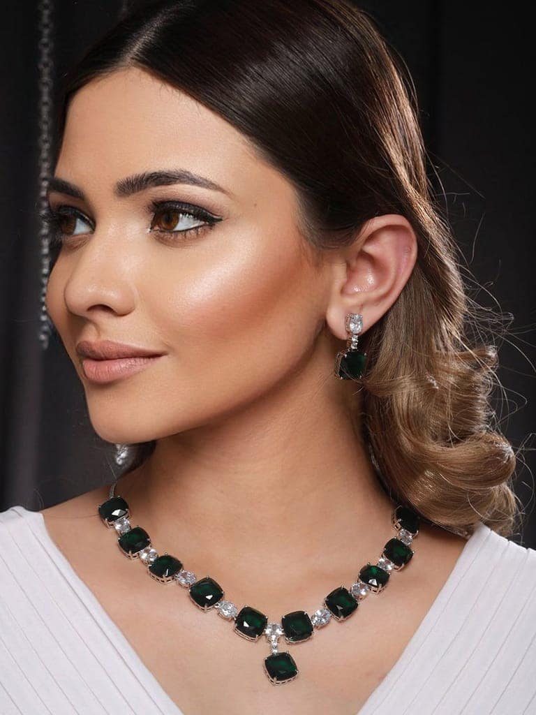 Silver Plated Green CZ Studded Luxe Designer Jewellery Set view 2