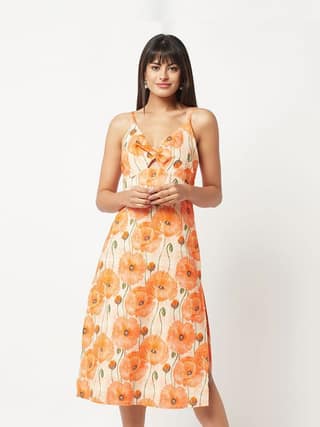 Orange Floral Shoulder Strap Dress