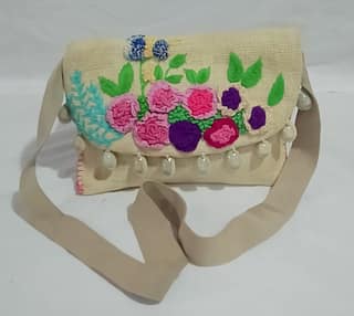 Hand Embroidered Floral Jute Sling Bag with Pearl Hangings