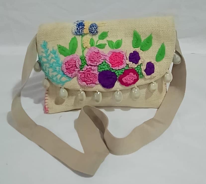 Hand Embroidered Floral Jute Sling Bag with Pearl Hangings