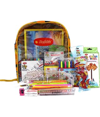Rabbit Champions Stationery Kit – 50 Neon Rubber Tip Pencils, Jumbo Sharpener & Eraser, 5 Scales, Colour Pencils, Sketch Pens, Wax Crayons, Tempera Colours, Pouch, Bag & Drawing Book