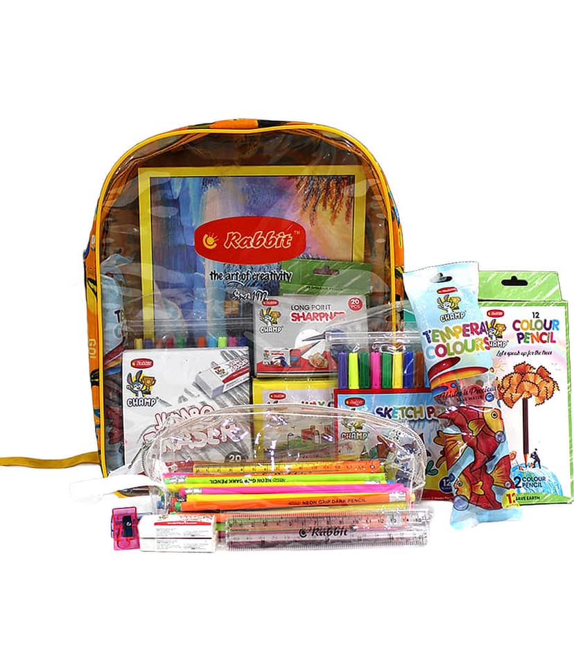 Rabbit Champions Stationery Kit – 50 Neon Rubber Tip Pencils, Jumbo Sharpener & Eraser, 5 Scales, Colour Pencils, Sketch Pens, Wax Crayons, Tempera Colours, Pouch, Bag & Drawing Book