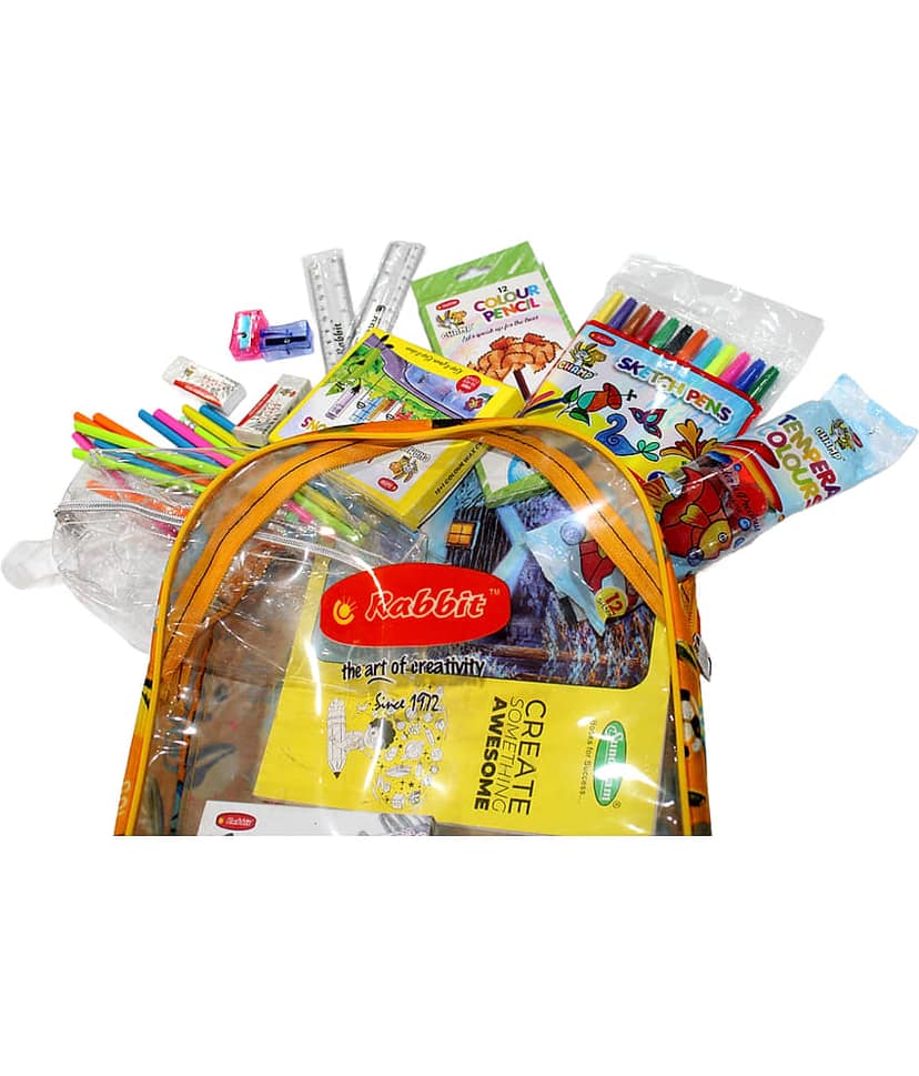 Rabbit Champions Stationery Kit – 50 Neon Rubber Tip Pencils, Jumbo Sharpener & Eraser, 5 Scales, Colour Pencils, Sketch Pens, Wax Crayons, Tempera Colours, Pouch, Bag & Drawing Book view 2
