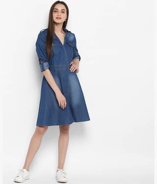 StyleStone Women Denim Fit & Flare Dress ( Blue )