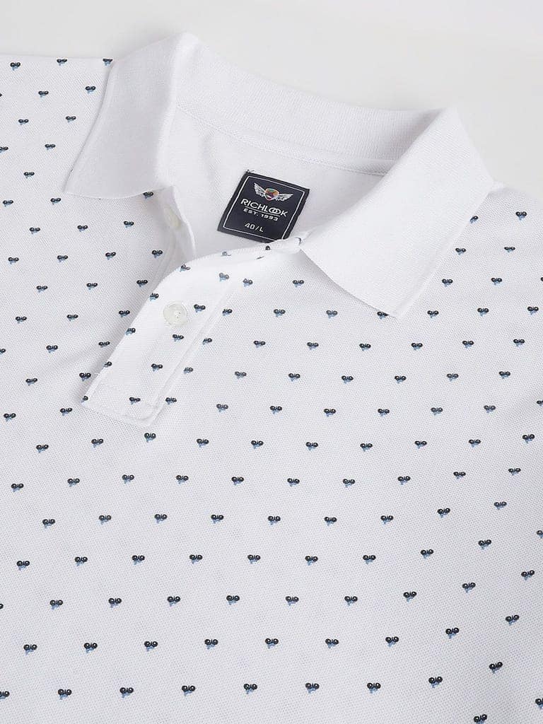 Men White Dotted Regular Fit Polo Neck T-Shirt view 2