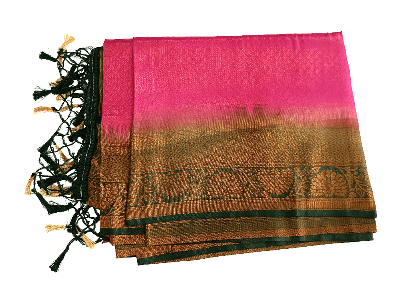Vibrant Pink Fancy Silk Imitation Pattu Saree with Golden Zari Border & Tassels view 2