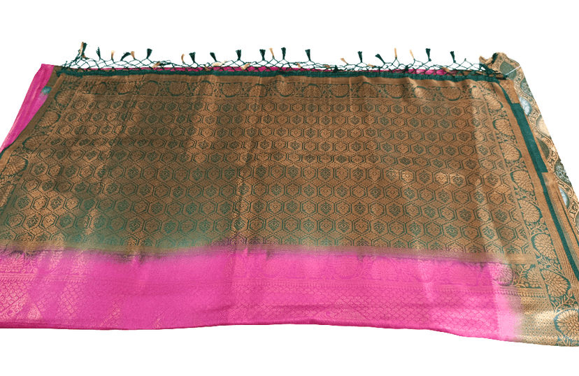 Vibrant Pink Fancy Silk Imitation Pattu Saree with Golden Zari Border & Tassels view 3