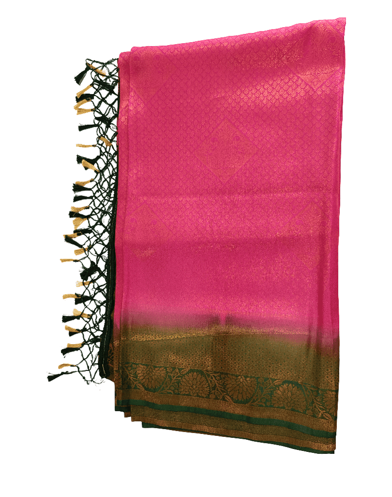 Vibrant Pink Fancy Silk Imitation Pattu Saree with Golden Zari Border & Tassels view 4