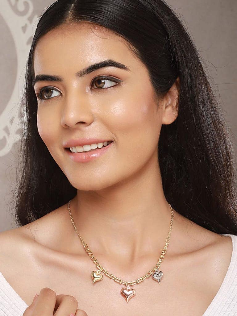 Anti-Tarnish Gold Plated 3 Toned Heart Shaped Chunky Link Chain Necklace view 3