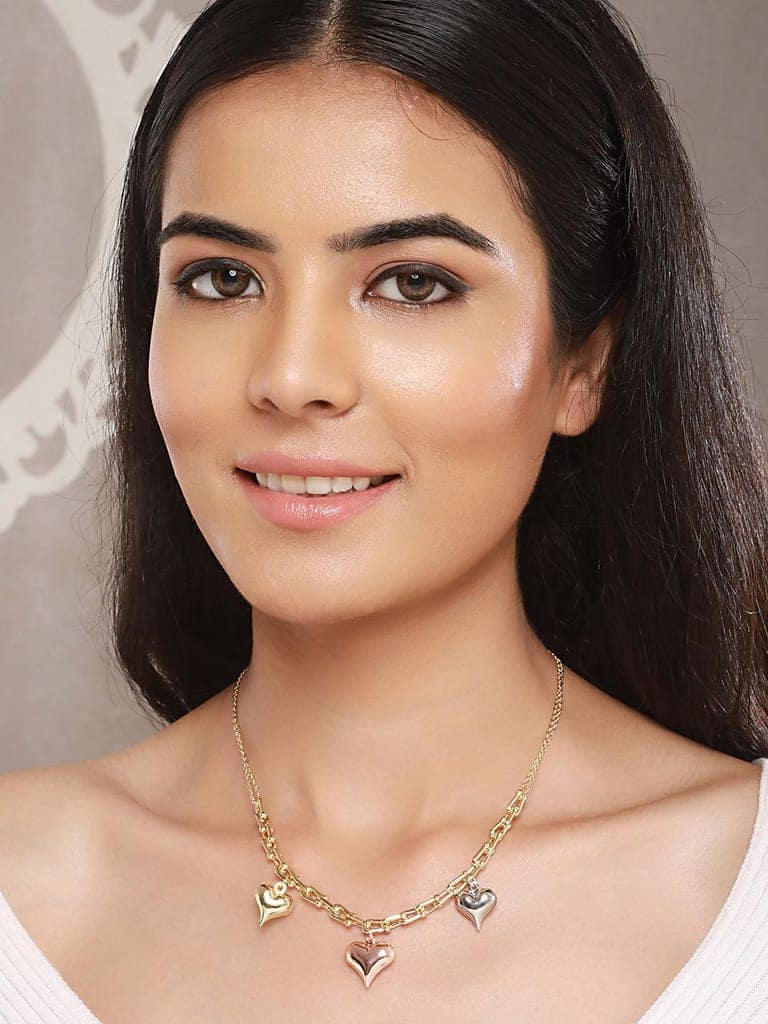 Anti-Tarnish Gold Plated 3 Toned Heart Shaped Chunky Link Chain Necklace view 4