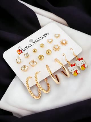 LUCKY JEWELLERY Fashion 9 Pairs Combo Set Of Latest Earrings Celebrity Inspired Stylish Trendy Gold Plated Stud Tops Earing Kitty Dangle C Shaped Hoops Earring for Women & Girls (175-CHEX-1158-9)