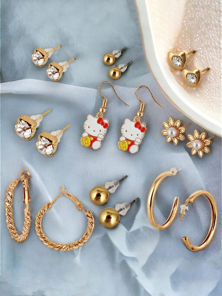 LUCKY JEWELLERY Fashion 9 Pairs Combo Set Of Latest Earrings Celebrity Inspired Stylish Trendy Gold Plated Stud Tops Earing Kitty Dangle C Shaped Hoops Earring for Women & Girls (175-CHEX-1158-9) view 2