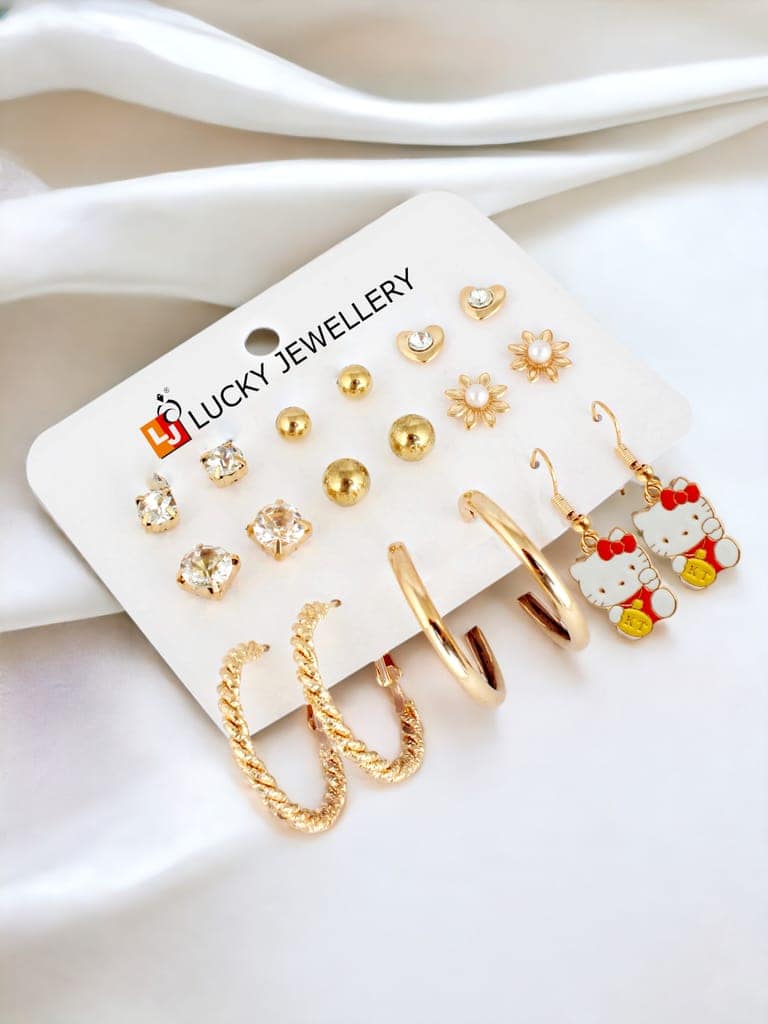LUCKY JEWELLERY Fashion 9 Pairs Combo Set Of Latest Earrings Celebrity Inspired Stylish Trendy Gold Plated Stud Tops Earing Kitty Dangle C Shaped Hoops Earring for Women & Girls (175-CHEX-1158-9) view 4