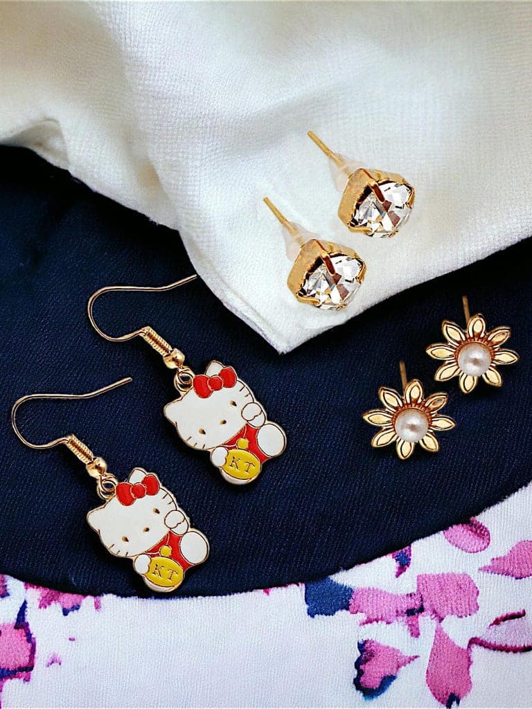 LUCKY JEWELLERY Fashion 9 Pairs Combo Set Of Latest Earrings Celebrity Inspired Stylish Trendy Gold Plated Stud Tops Earing Kitty Dangle C Shaped Hoops Earring for Women & Girls (175-CHEX-1158-9) view 5