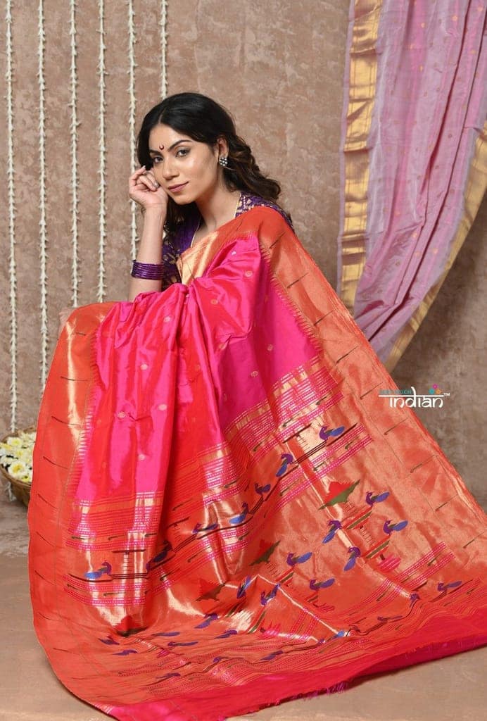 Tyohaar ~ Handloom Pure Silk Muniya Border Paithani Saree with Traditional Double Pallu ~ Peach Pink view 2